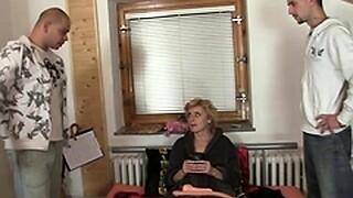 Three men guide a geriatric blowjob session with Grandma, who still has her passion for sex despite her advanced age.