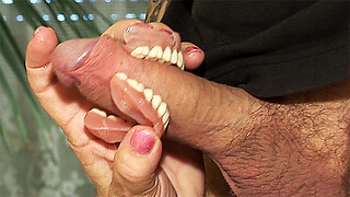 Elderly grandmother gets her dentures off for a blowbang in a homemade video.